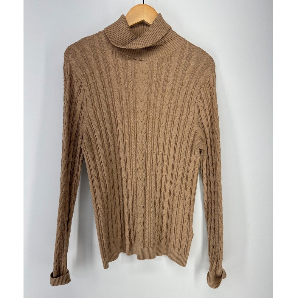 Lands End Turtleneck Sweater Womens L 14-16 Brown Cable Knit Long Sleeve Ribbed